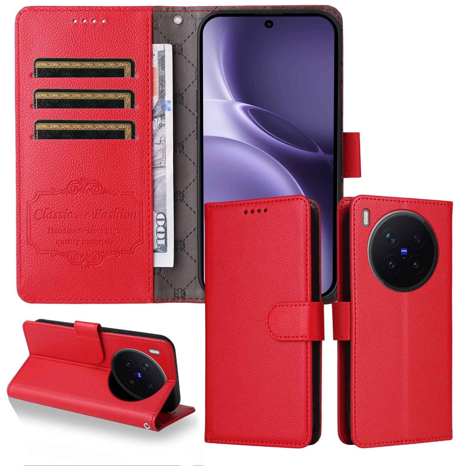 For vivo X300 Pro 5G Case RFID Blocking 3 Card Slots PU Leather Phone Cover with Wrist Strap - Red