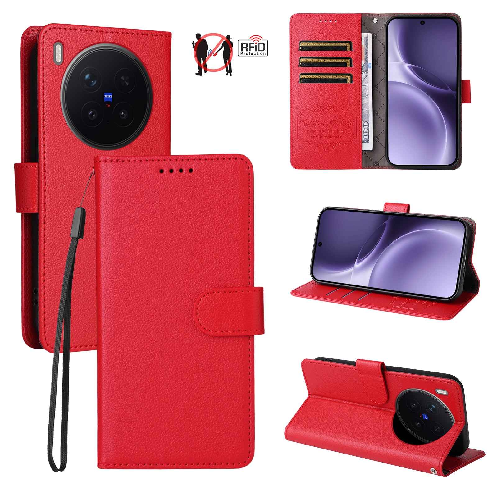For vivo X300 Pro 5G Case RFID Blocking 3 Card Slots PU Leather Phone Cover with Wrist Strap - Red