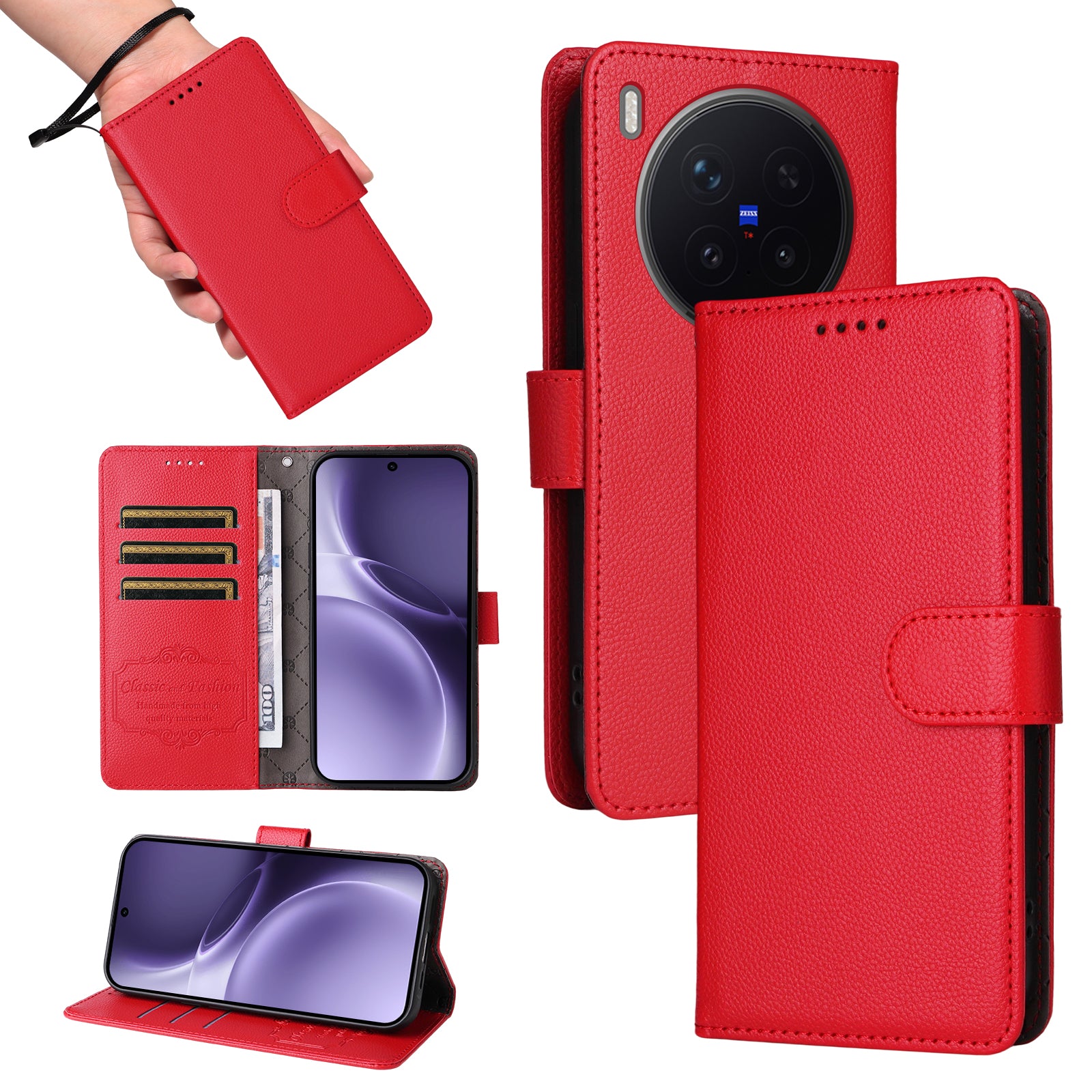 For vivo X300 Pro 5G Case RFID Blocking 3 Card Slots PU Leather Phone Cover with Wrist Strap - Red