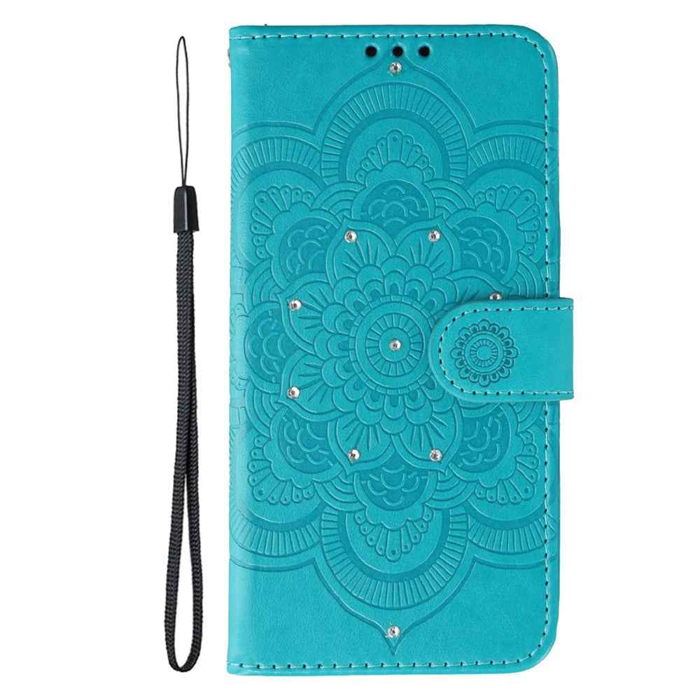 For Xiaomi 17 Pro Case Rhinestone Decor PU Leather Mandala Imprint Phone Cover with Wrist Strap - Blue
