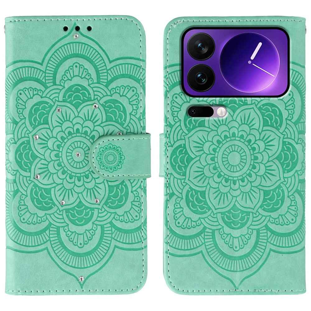 For Xiaomi 17 Pro Case Rhinestone Decor PU Leather Mandala Imprint Phone Cover with Wrist Strap - Green