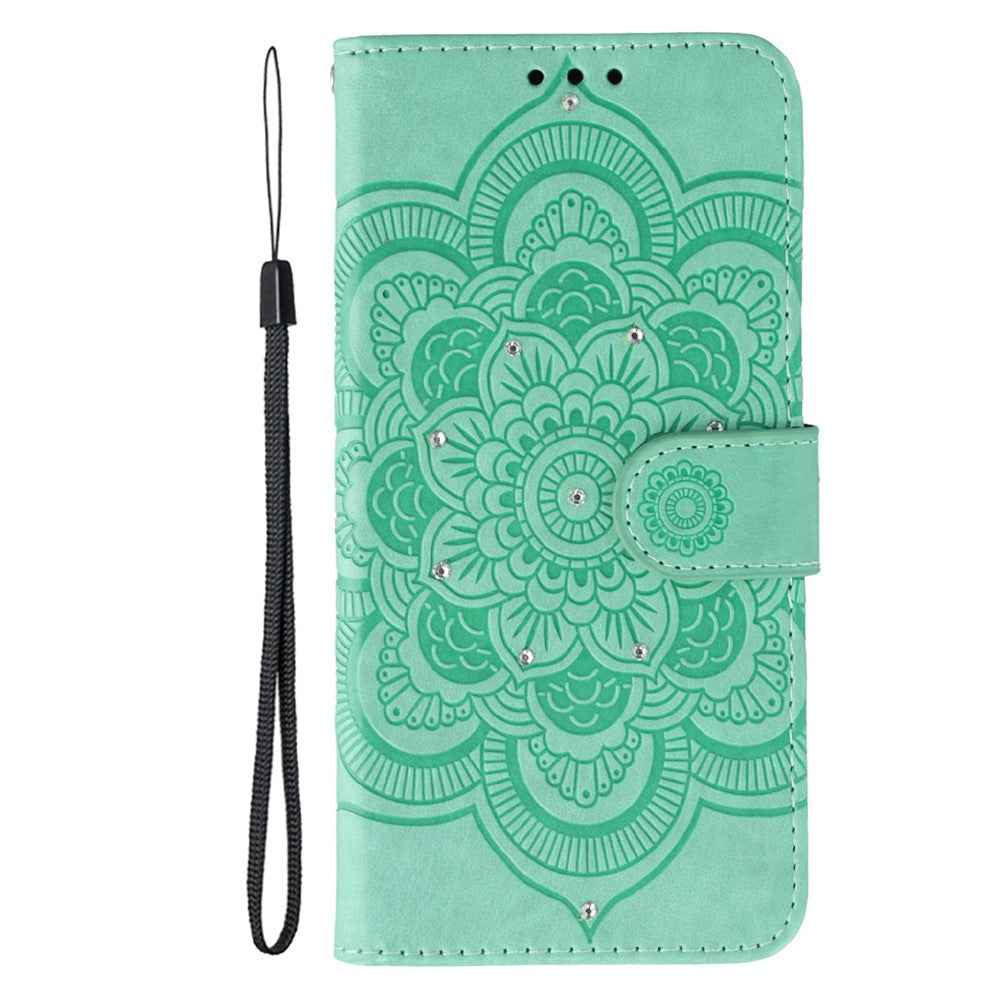 For Xiaomi 17 Pro Case Rhinestone Decor PU Leather Mandala Imprint Phone Cover with Wrist Strap - Green