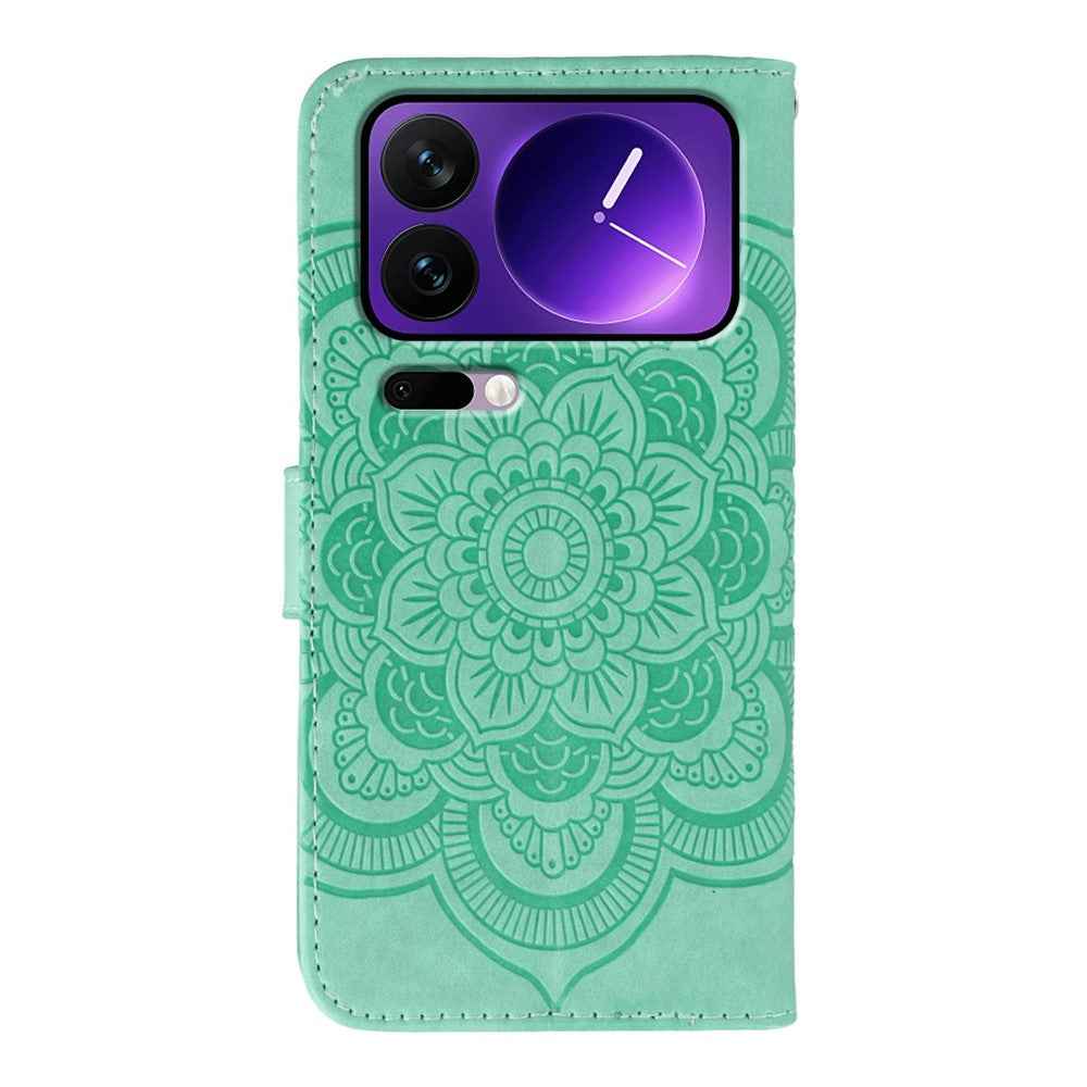 For Xiaomi 17 Pro Case Rhinestone Decor PU Leather Mandala Imprint Phone Cover with Wrist Strap - Green