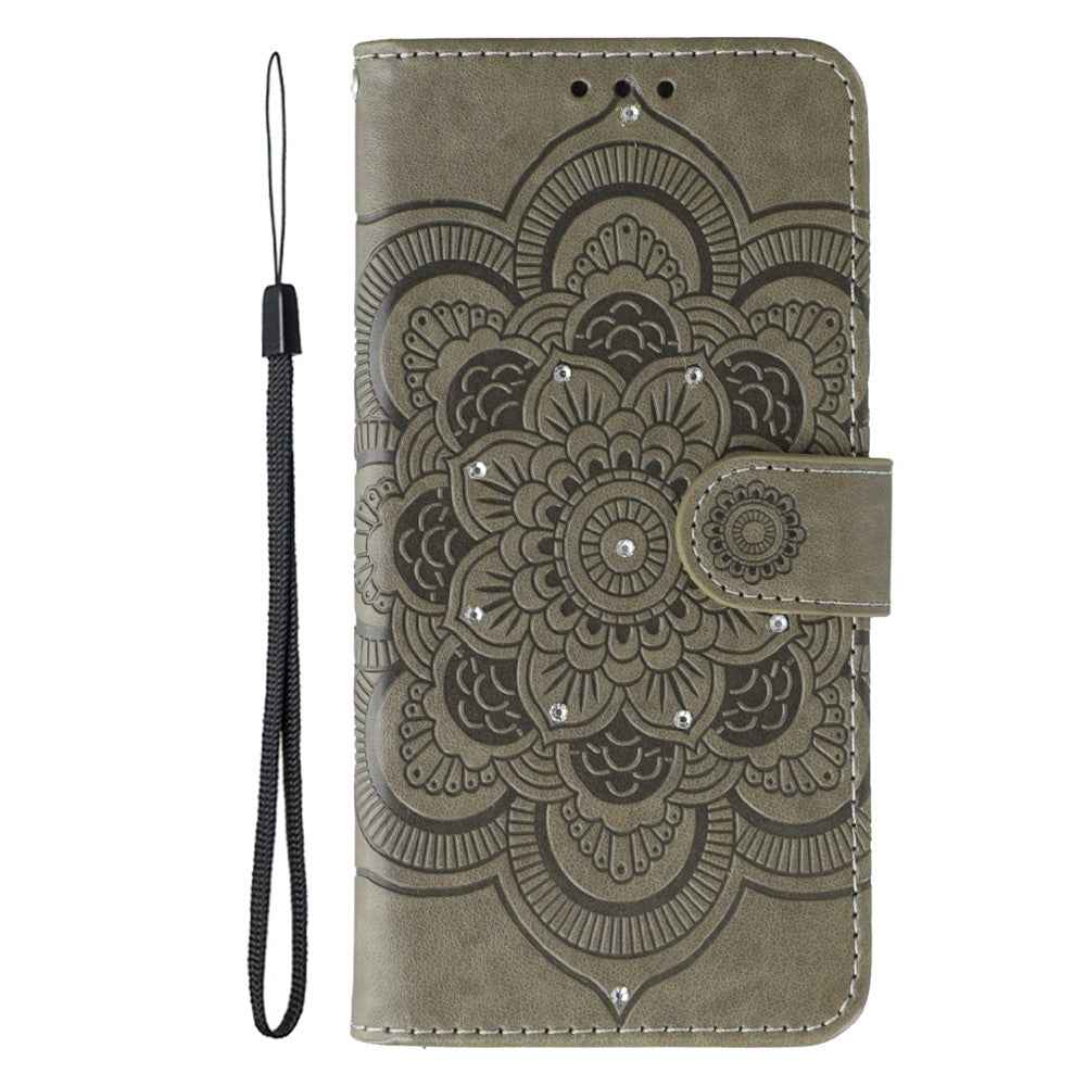 For Xiaomi 17 Pro Case Rhinestone Decor PU Leather Mandala Imprint Phone Cover with Wrist Strap - Grey