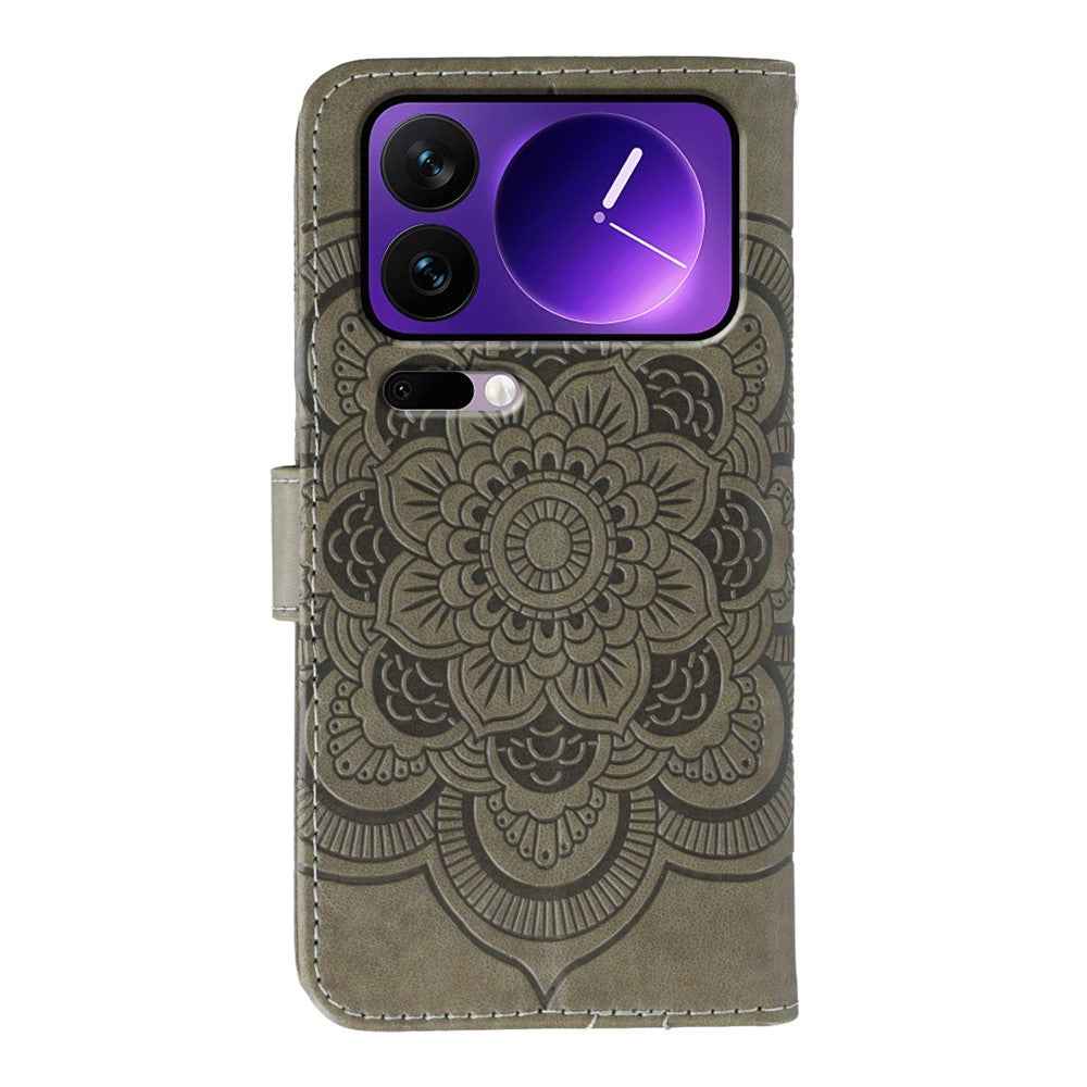 For Xiaomi 17 Pro Case Rhinestone Decor PU Leather Mandala Imprint Phone Cover with Wrist Strap - Grey