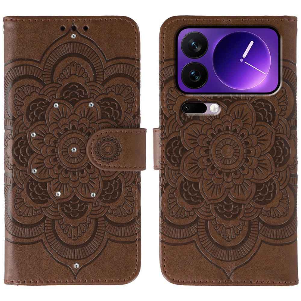 For Xiaomi 17 Pro Case Rhinestone Decor PU Leather Mandala Imprint Phone Cover with Wrist Strap - Brown
