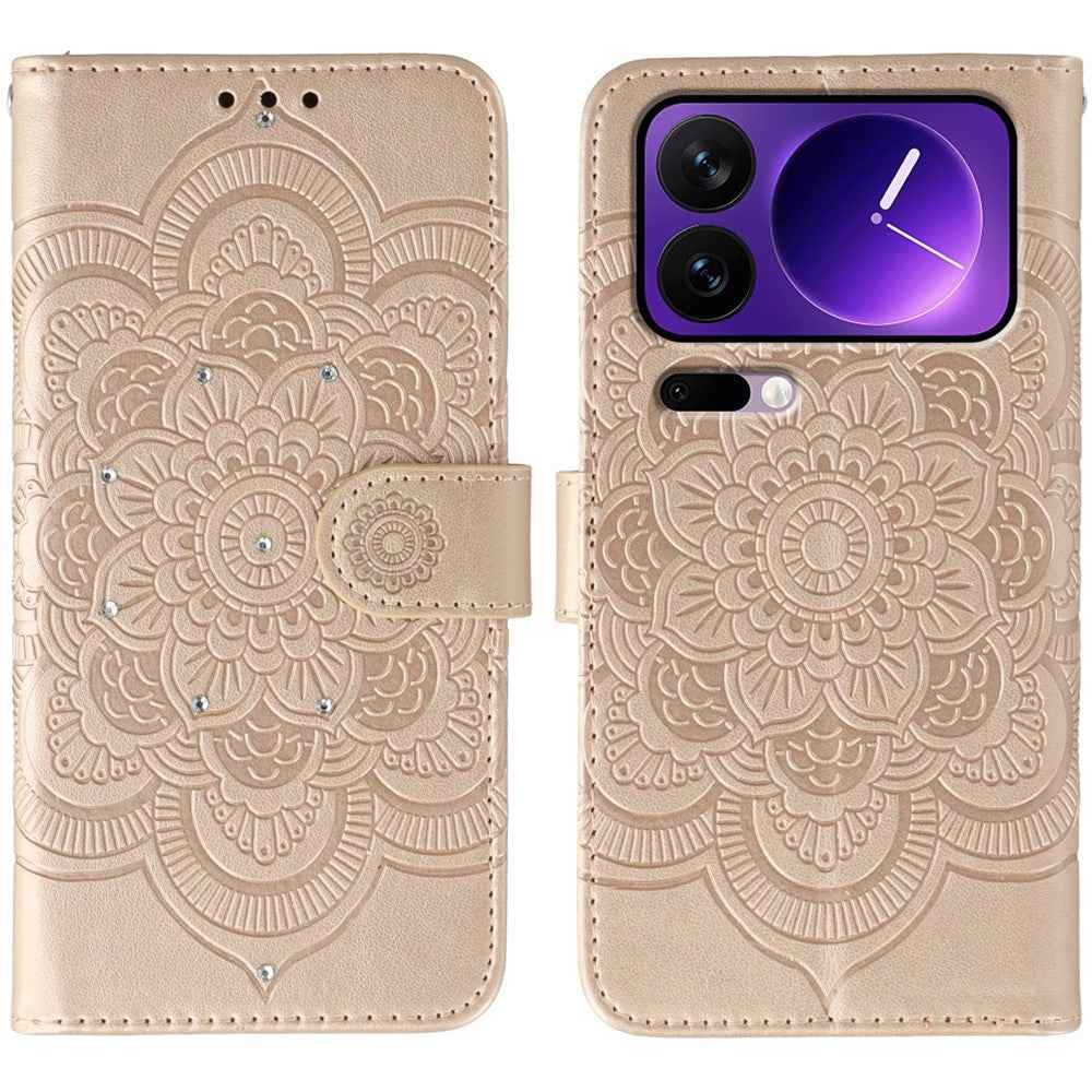 For Xiaomi 17 Pro Case Rhinestone Decor PU Leather Mandala Imprint Phone Cover with Wrist Strap - Rose Gold