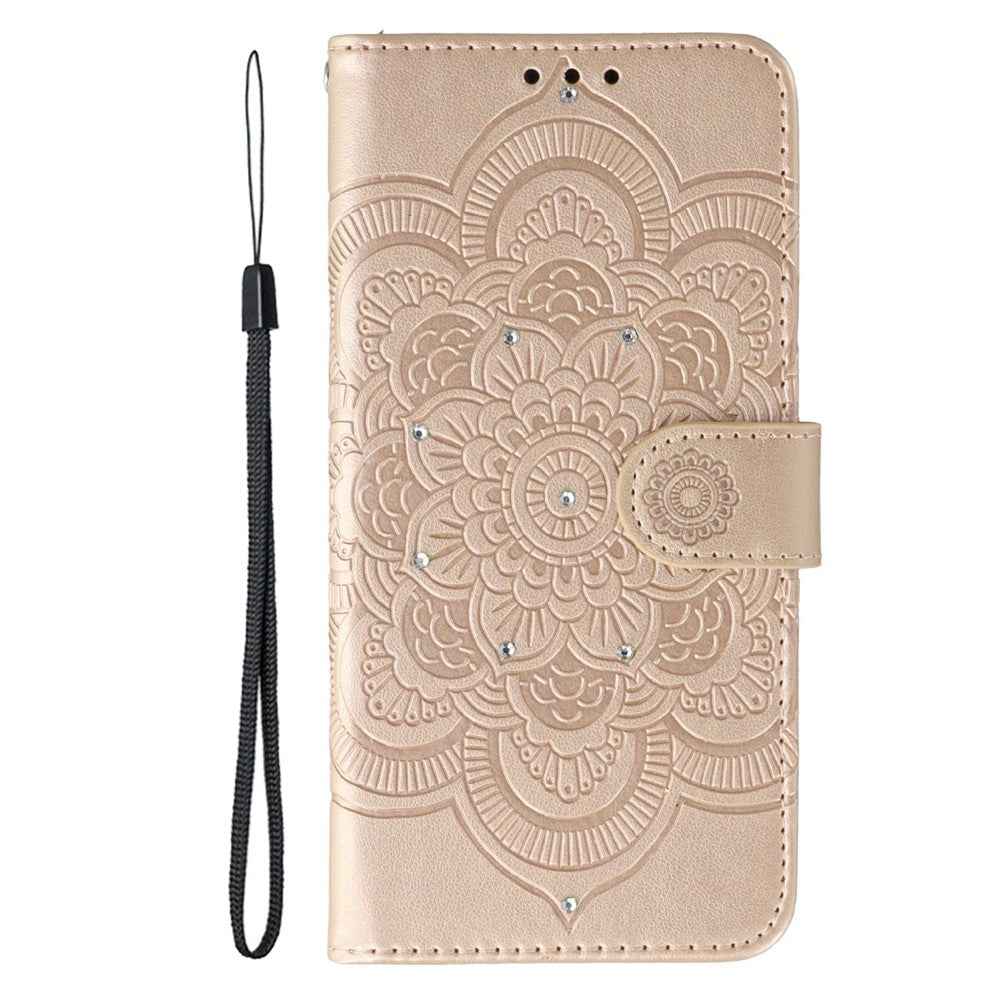 For Xiaomi 17 Pro Case Rhinestone Decor PU Leather Mandala Imprint Phone Cover with Wrist Strap - Rose Gold