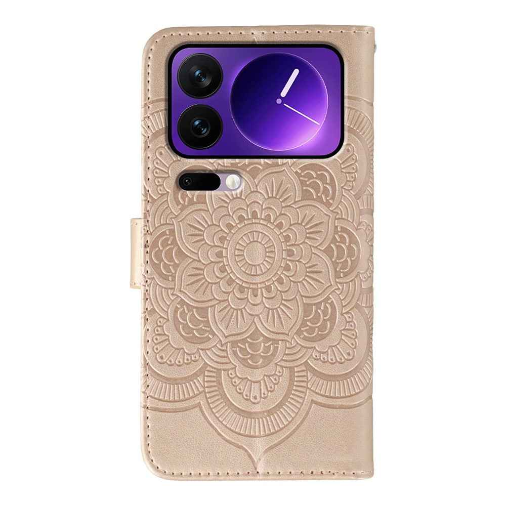 For Xiaomi 17 Pro Case Rhinestone Decor PU Leather Mandala Imprint Phone Cover with Wrist Strap - Rose Gold