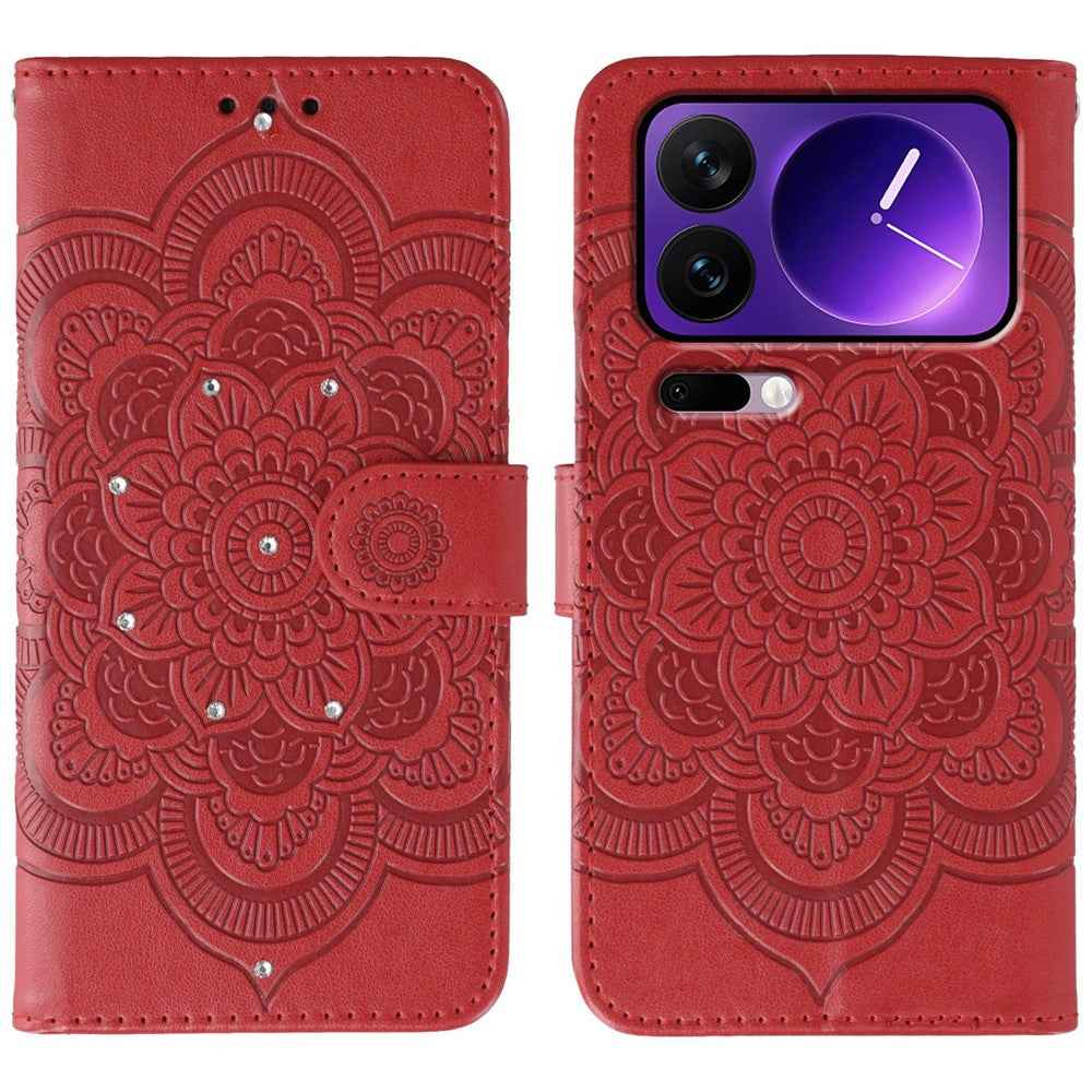 For Xiaomi 17 Pro Case Rhinestone Decor PU Leather Mandala Imprint Phone Cover with Wrist Strap - Red
