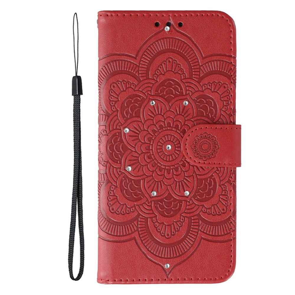 For Xiaomi 17 Pro Case Rhinestone Decor PU Leather Mandala Imprint Phone Cover with Wrist Strap - Red