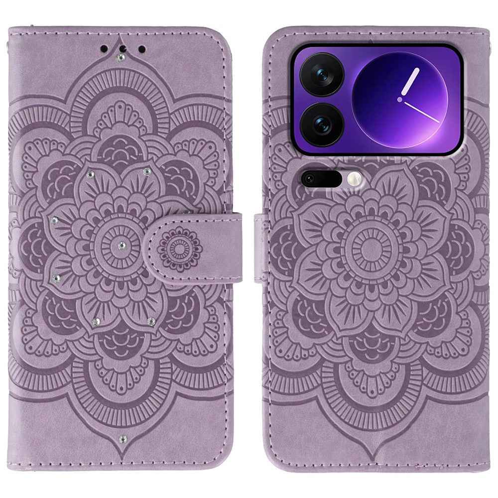For Xiaomi 17 Pro Case Rhinestone Decor PU Leather Mandala Imprint Phone Cover with Wrist Strap - Purple