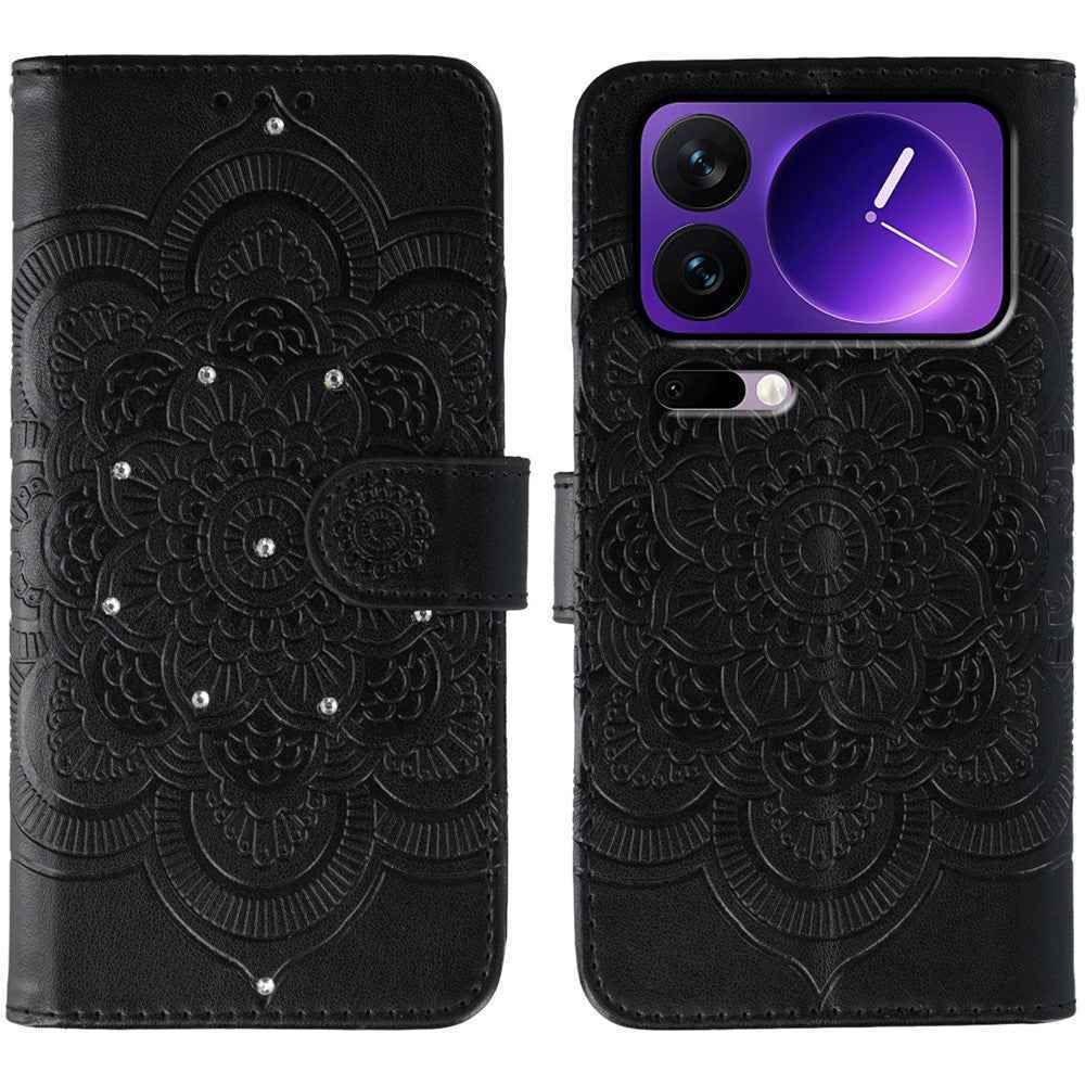 For Xiaomi 17 Pro Case Rhinestone Decor PU Leather Mandala Imprint Phone Cover with Wrist Strap - Black