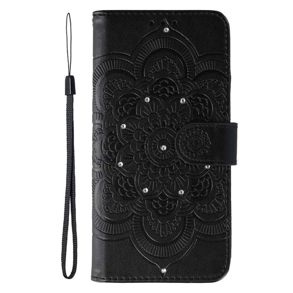 For Xiaomi 17 Pro Case Rhinestone Decor PU Leather Mandala Imprint Phone Cover with Wrist Strap - Black