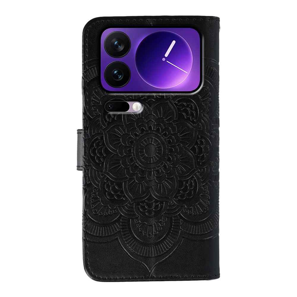 For Xiaomi 17 Pro Case Rhinestone Decor PU Leather Mandala Imprint Phone Cover with Wrist Strap - Black