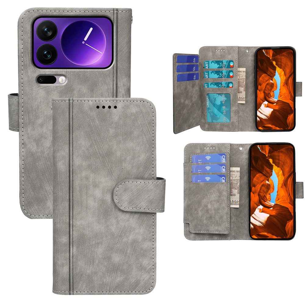 For Xiaomi 17 Pro Leather Case Line Pattern Wallet Phone Cover with 9 Card Slots - Grey
