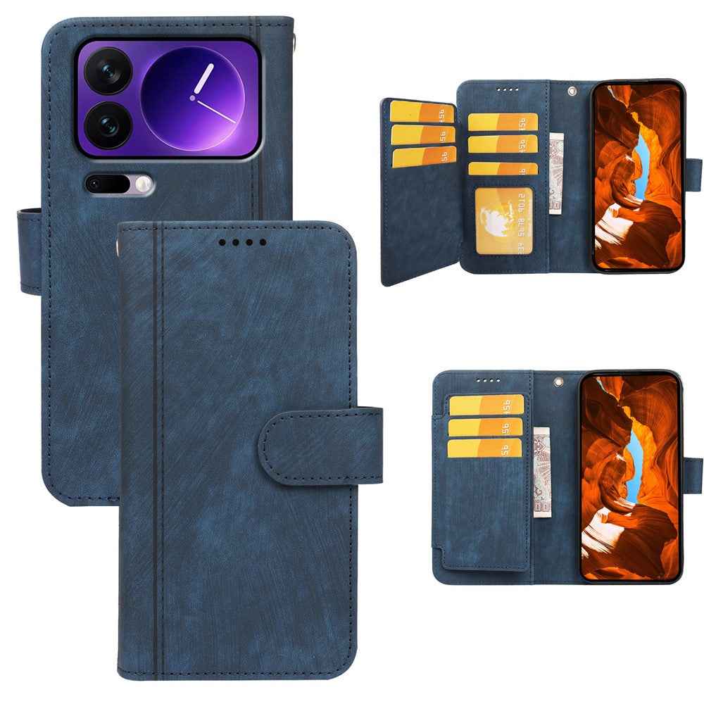 For Xiaomi 17 Pro Leather Case Line Pattern Wallet Phone Cover with 9 Card Slots - Blue