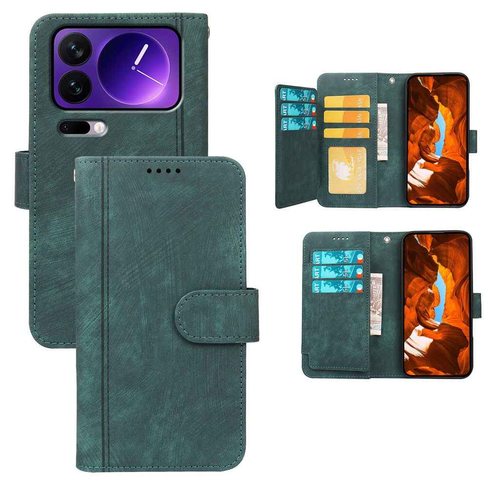 For Xiaomi 17 Pro Leather Case Line Pattern Wallet Phone Cover with 9 Card Slots - Green
