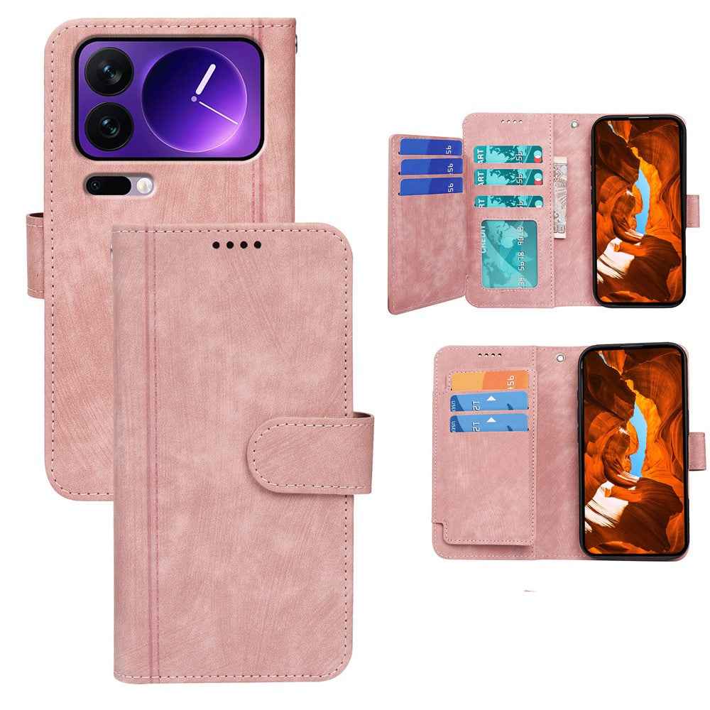 For Xiaomi 17 Pro Leather Case Line Pattern Wallet Phone Cover with 9 Card Slots - Rose Gold