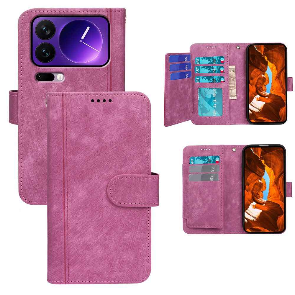For Xiaomi 17 Pro Leather Case Line Pattern Wallet Phone Cover with 9 Card Slots - Rose