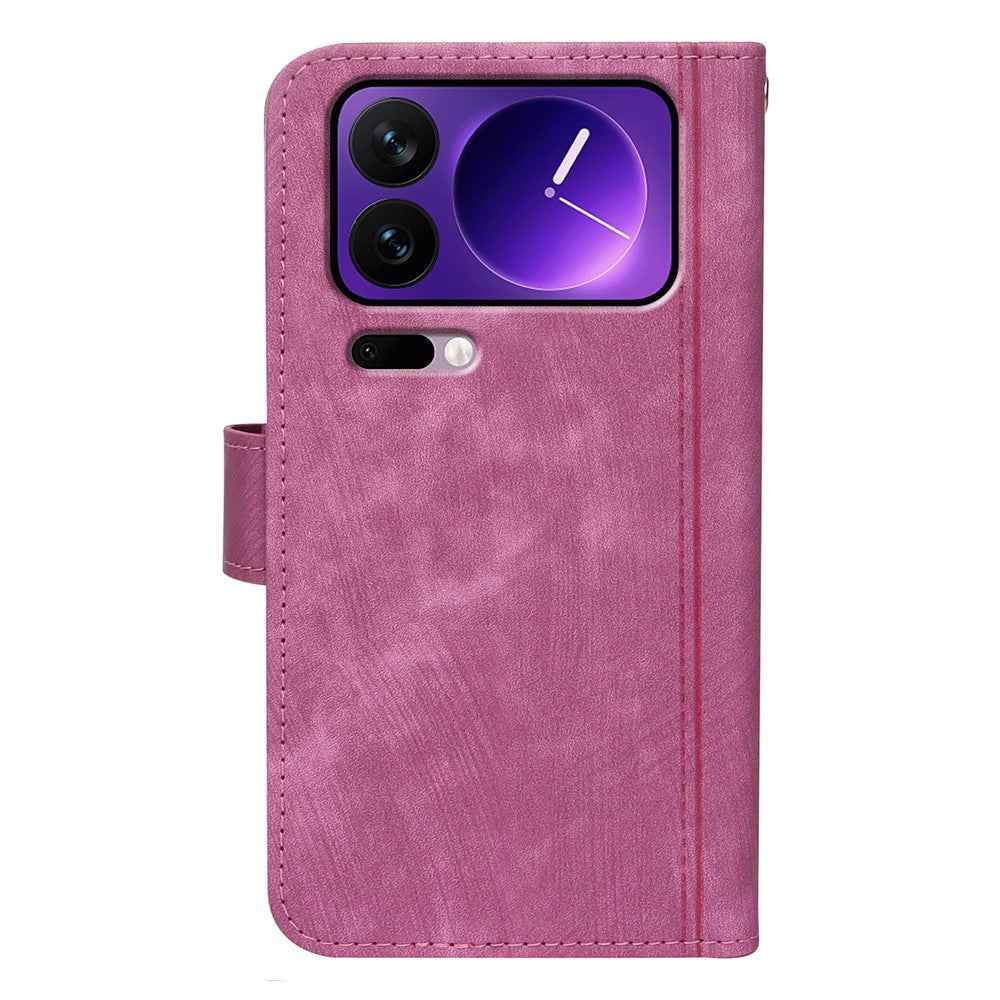 For Xiaomi 17 Pro Leather Case Line Pattern Wallet Phone Cover with 9 Card Slots - Rose