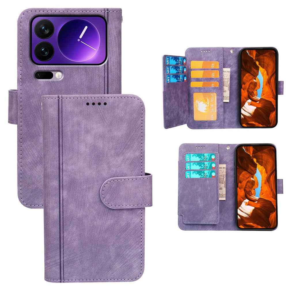 For Xiaomi 17 Pro Leather Case Line Pattern Wallet Phone Cover with 9 Card Slots - Purple