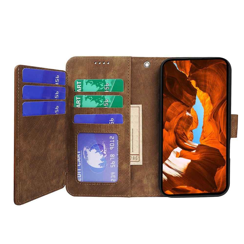 For Xiaomi 17 Pro Leather Case Line Pattern Wallet Phone Cover with 9 Card Slots - Brown