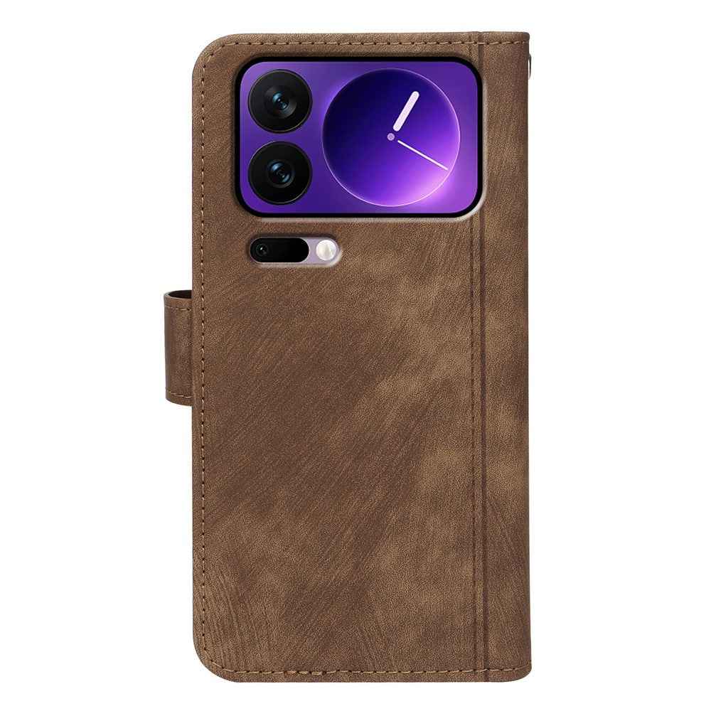 For Xiaomi 17 Pro Leather Case Line Pattern Wallet Phone Cover with 9 Card Slots - Brown
