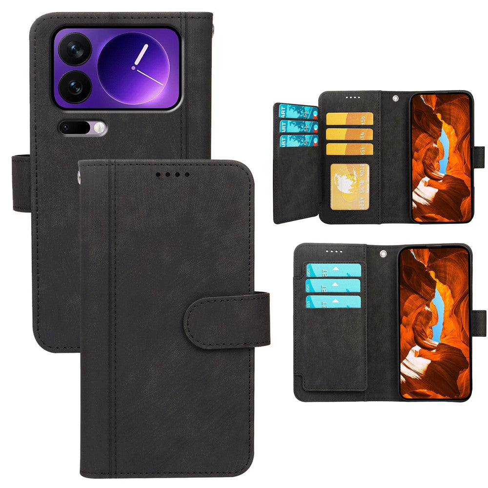 For Xiaomi 17 Pro Max Leather Case Line Pattern Wallet Phone Cover with 9 Card Slots - Black