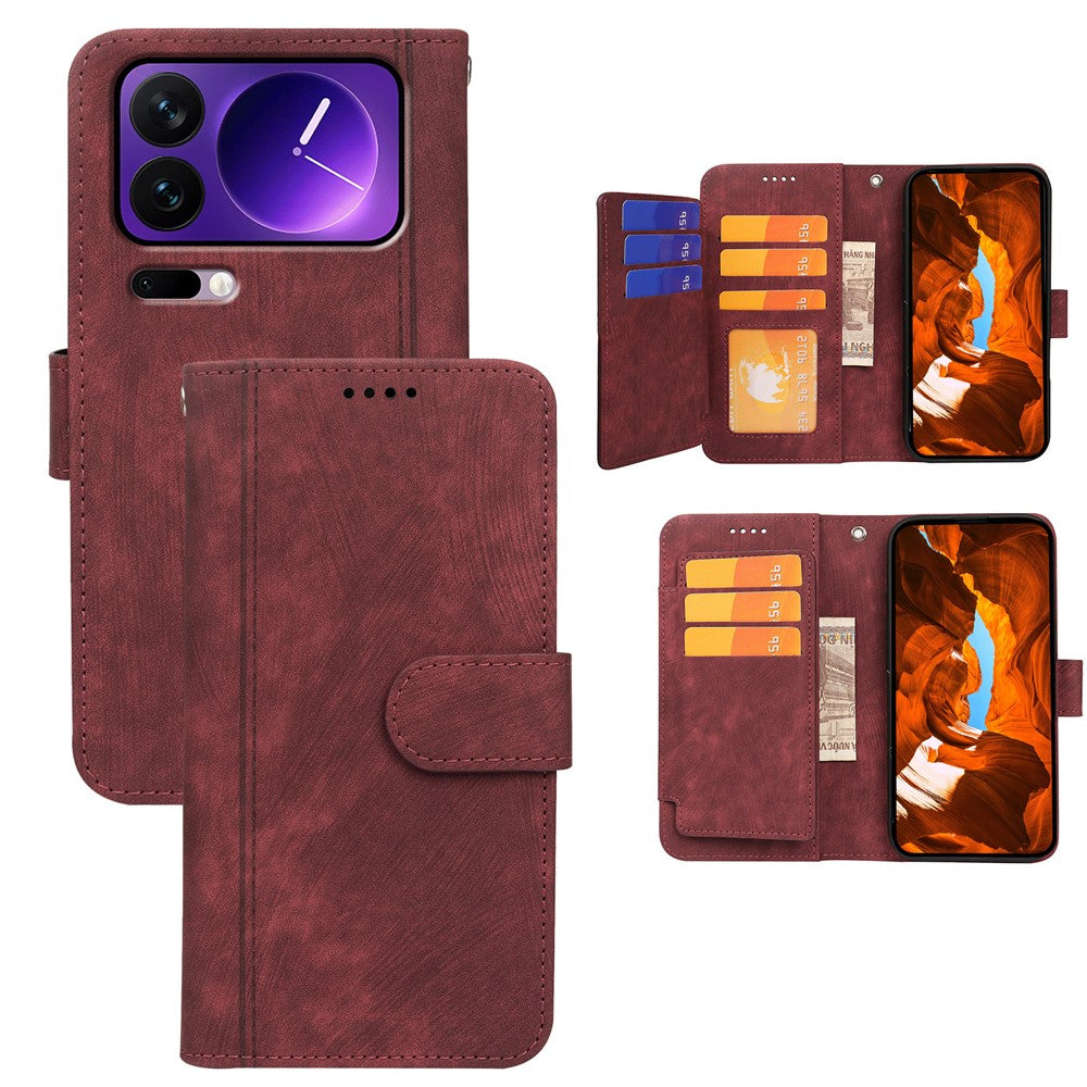 For Xiaomi 17 Pro Max Leather Case Line Pattern Wallet Phone Cover with 9 Card Slots - Red