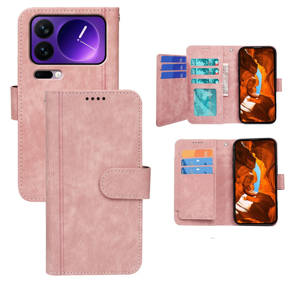 For Xiaomi 17 Pro Max Leather Case Line Pattern Wallet Phone Cover with 9 Card Slots - Rose Gold