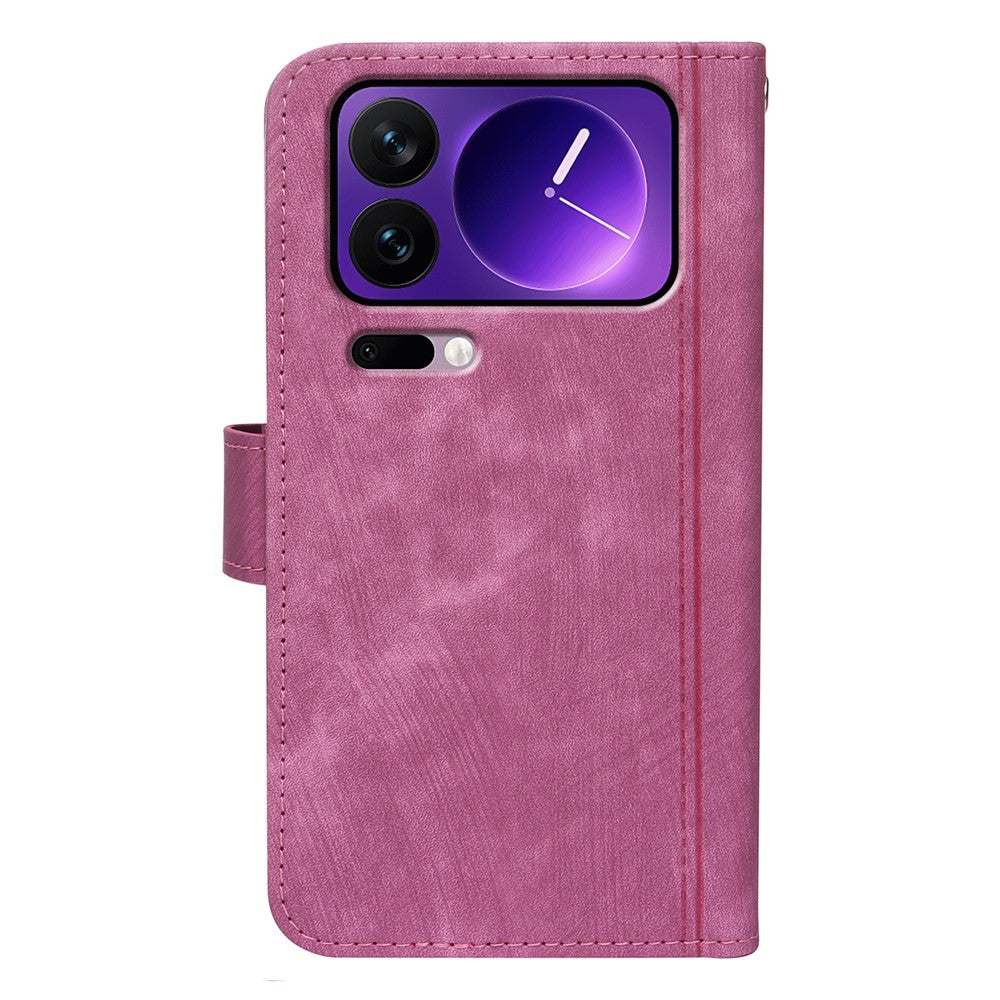 For Xiaomi 17 Pro Max Leather Case Line Pattern Wallet Phone Cover with 9 Card Slots - Rose