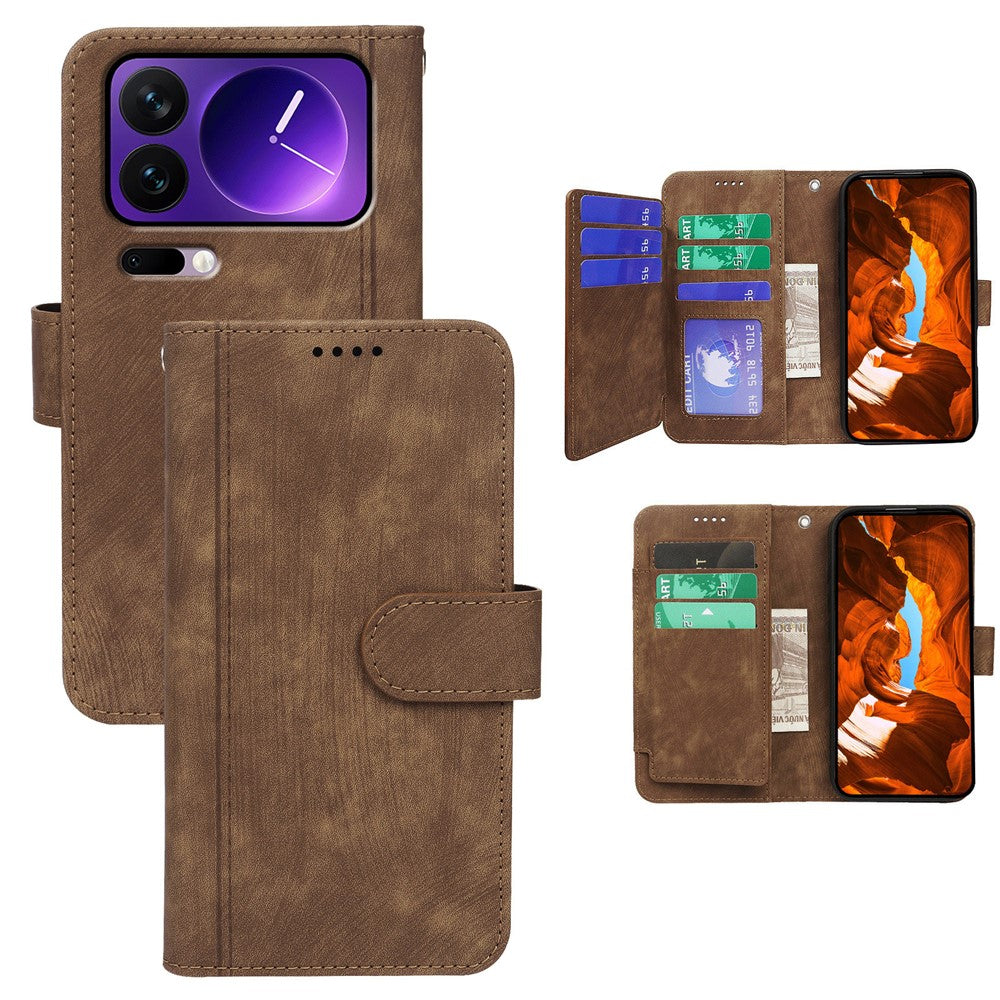 For Xiaomi 17 Pro Max Leather Case Line Pattern Wallet Phone Cover with 9 Card Slots - Brown