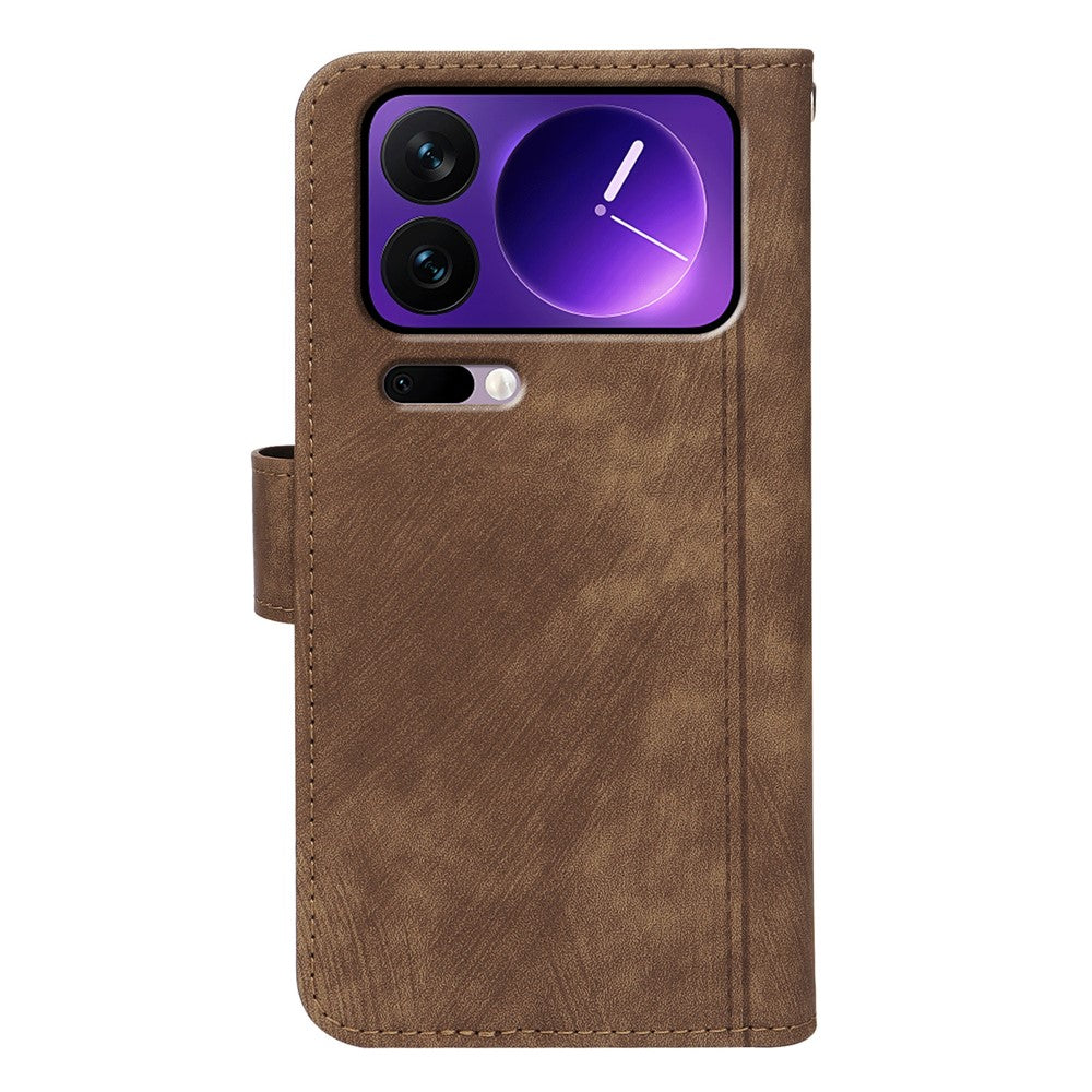 For Xiaomi 17 Pro Max Leather Case Line Pattern Wallet Phone Cover with 9 Card Slots - Brown