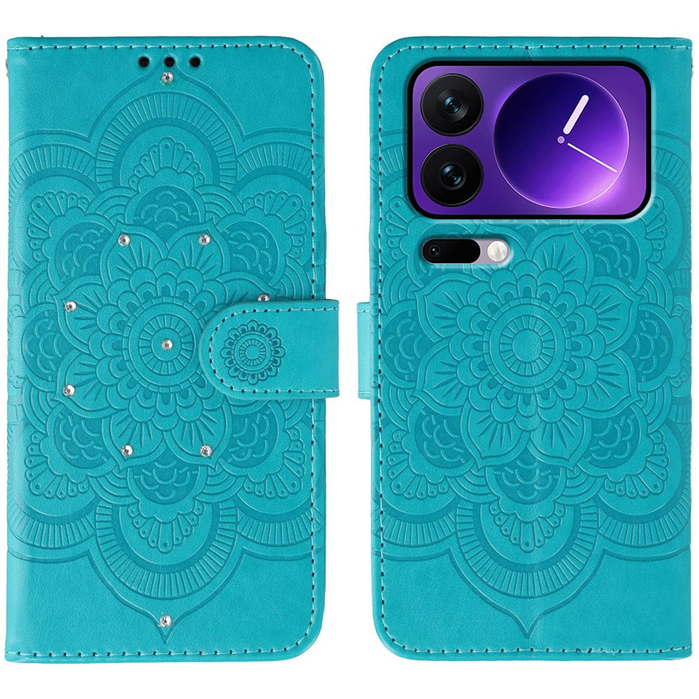 For Xiaomi 17 Pro Max Case Rhinestone Decor PU Leather Mandala Imprint Phone Cover with Wrist Strap - Blue