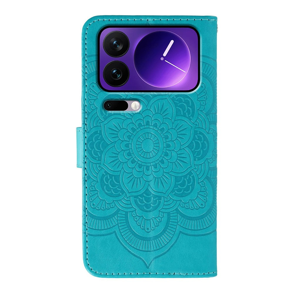 For Xiaomi 17 Pro Max Case Rhinestone Decor PU Leather Mandala Imprint Phone Cover with Wrist Strap - Blue