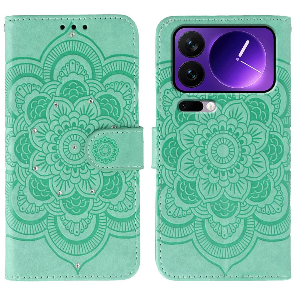 For Xiaomi 17 Pro Max Case Rhinestone Decor PU Leather Mandala Imprint Phone Cover with Wrist Strap - Green