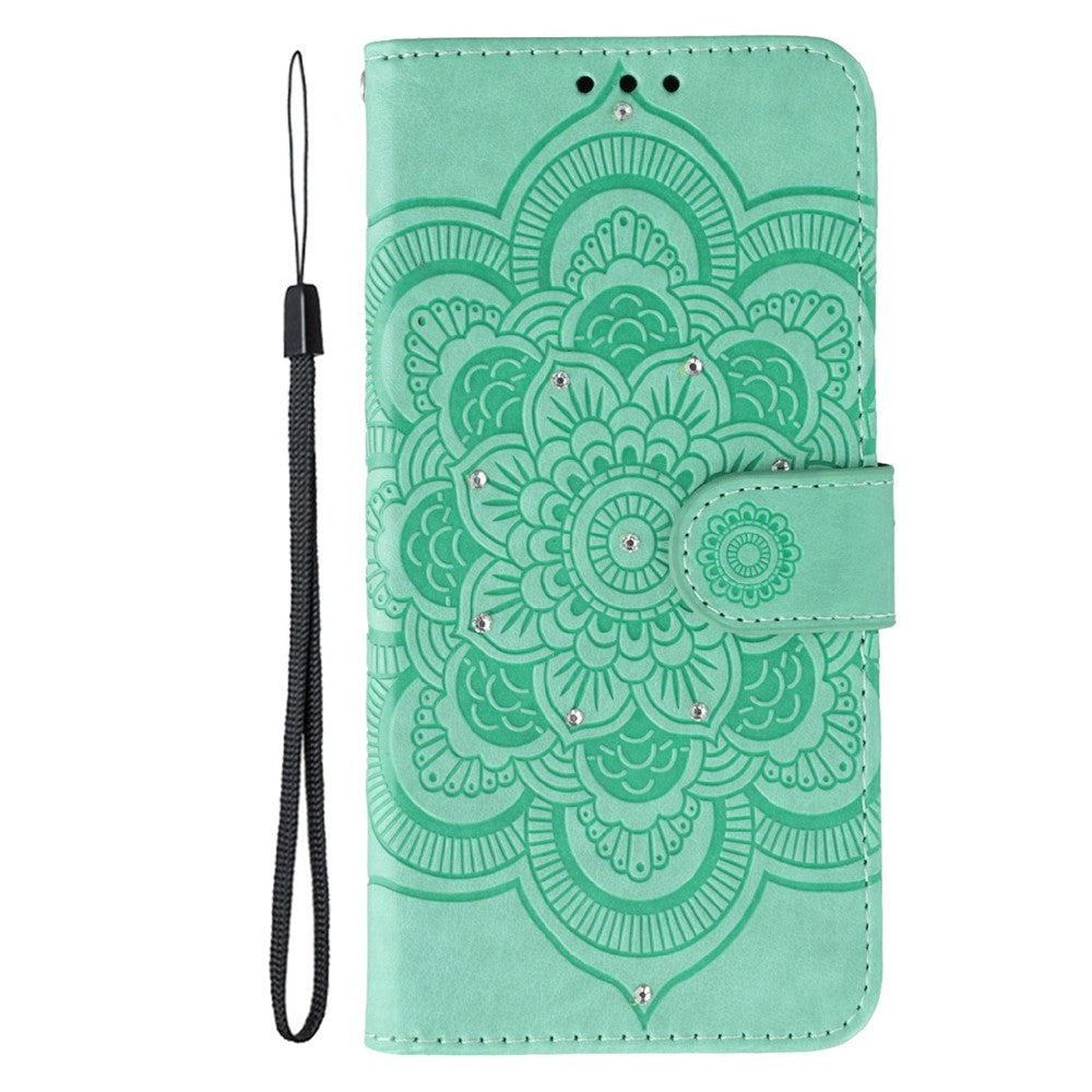 For Xiaomi 17 Pro Max Case Rhinestone Decor PU Leather Mandala Imprint Phone Cover with Wrist Strap - Green