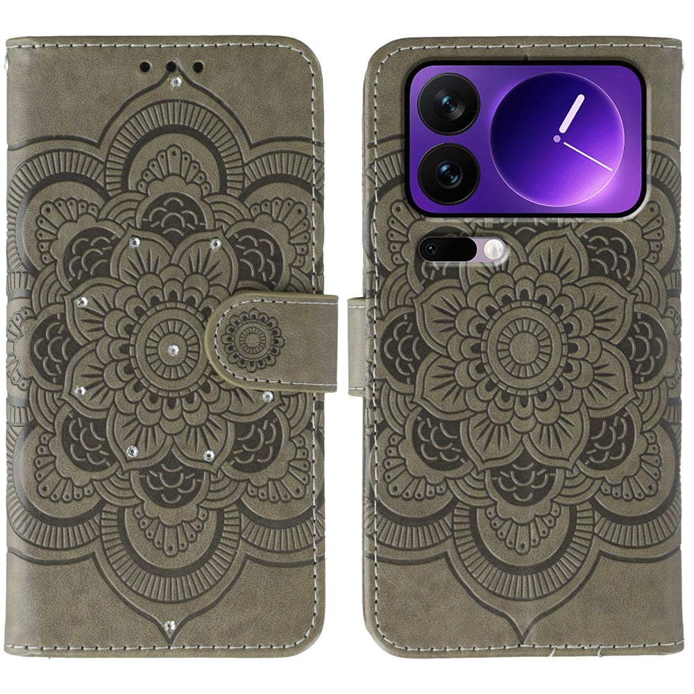 For Xiaomi 17 Pro Max Case Rhinestone Decor PU Leather Mandala Imprint Phone Cover with Wrist Strap - Grey