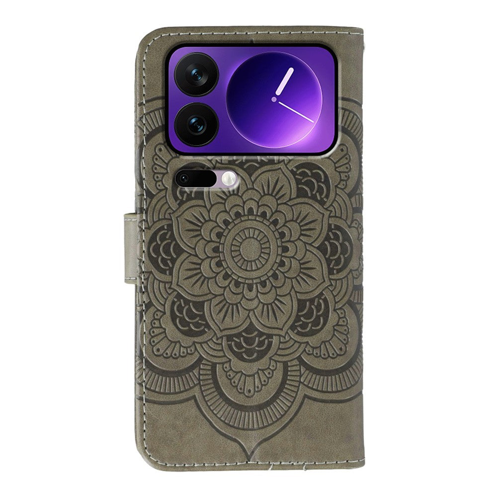 For Xiaomi 17 Pro Max Case Rhinestone Decor PU Leather Mandala Imprint Phone Cover with Wrist Strap - Grey