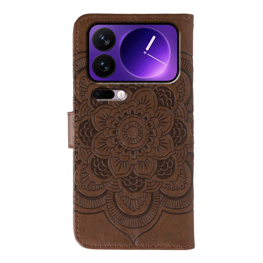 For Xiaomi 17 Pro Max Case Rhinestone Decor PU Leather Mandala Imprint Phone Cover with Wrist Strap - Brown