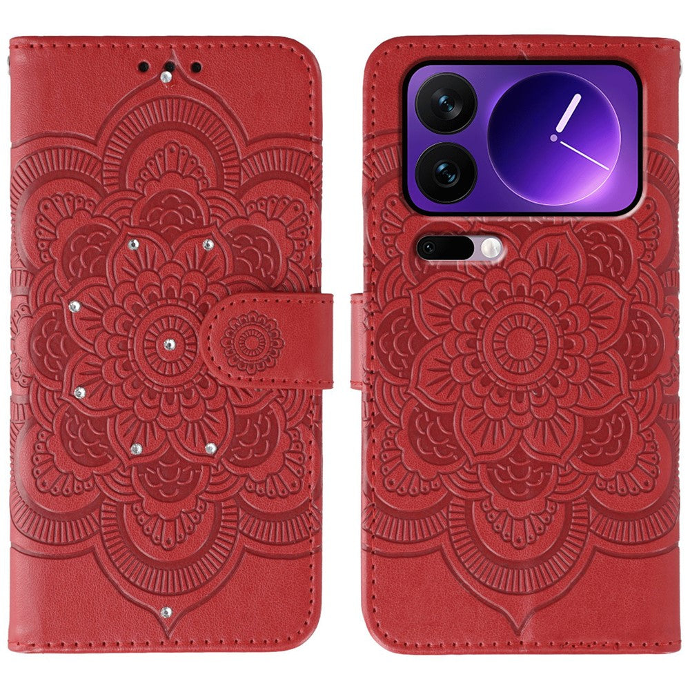 For Xiaomi 17 Pro Max Case Rhinestone Decor PU Leather Mandala Imprint Phone Cover with Wrist Strap - Red