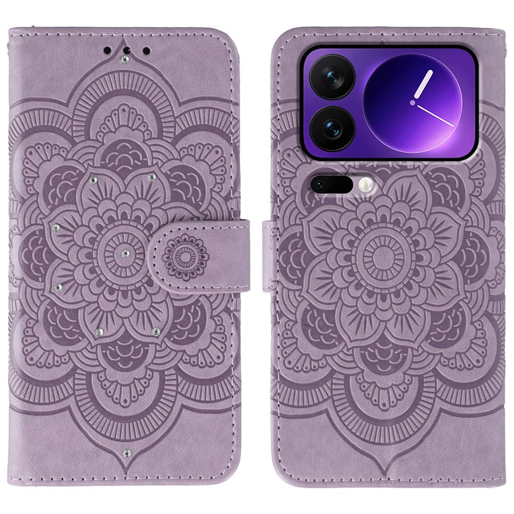 For Xiaomi 17 Pro Max Case Rhinestone Decor PU Leather Mandala Imprint Phone Cover with Wrist Strap - Purple