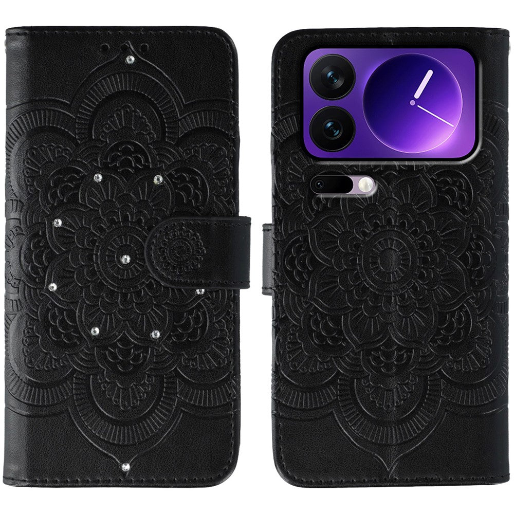 For Xiaomi 17 Pro Max Case Rhinestone Decor PU Leather Mandala Imprint Phone Cover with Wrist Strap - Black