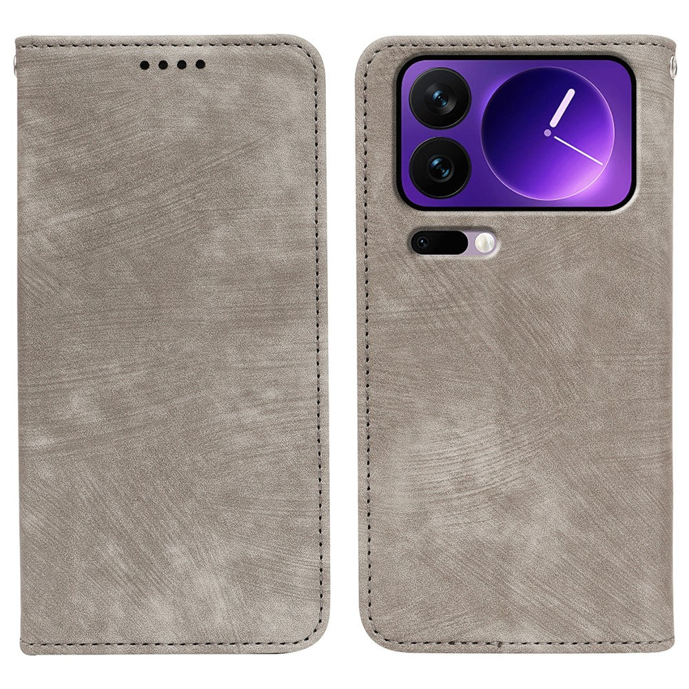 For Xiaomi 17 Pro Max Case Strong Magnetic Leather Wallet Phone Cover with Striped Texture - Grey