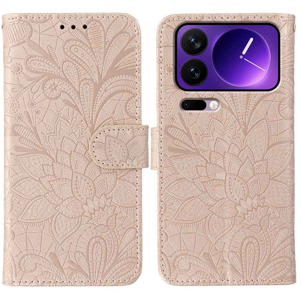 For Xiaomi 17 Pro Case Lace Flowers PU Leather Flip Wallet Phone Cover - Rose Gold