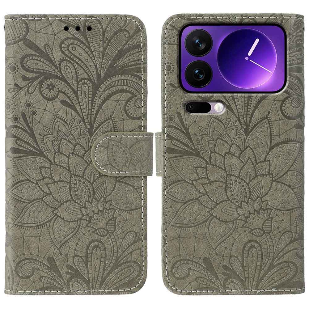 For Xiaomi 17 Pro Case Lace Flowers PU Leather Flip Wallet Phone Cover - Grey