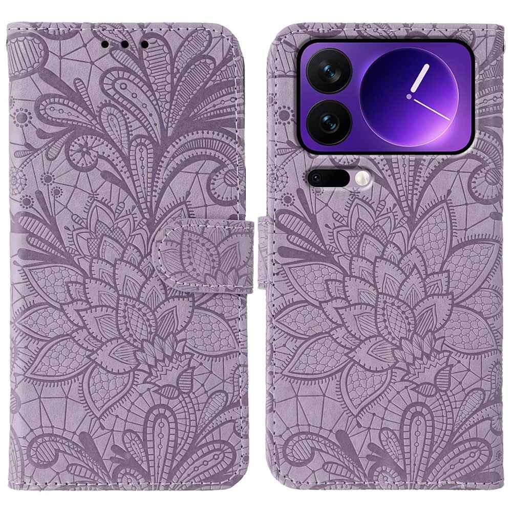 For Xiaomi 17 Pro Case Lace Flowers PU Leather Flip Wallet Phone Cover - Purple