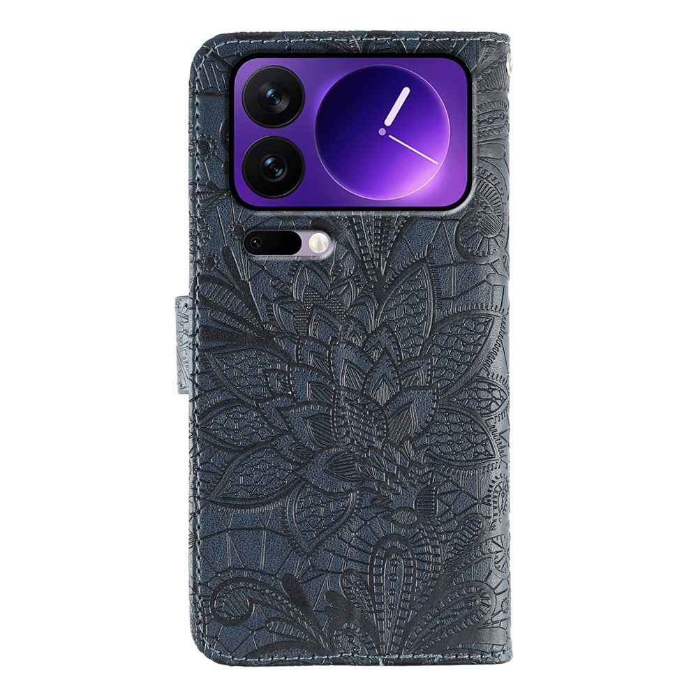 For Xiaomi 17 Pro Case Lace Flowers PU Leather Flip Wallet Phone Cover - Dark Blue