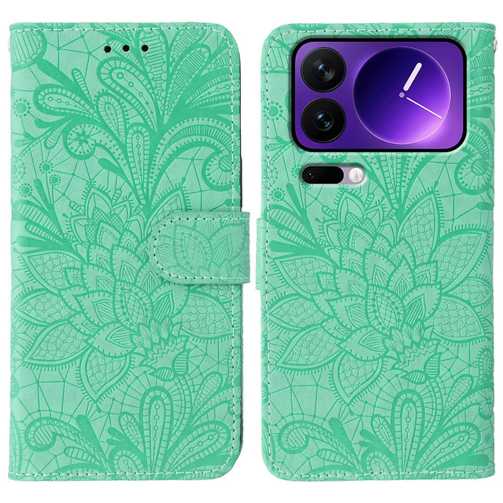 For Xiaomi 17 Pro Max Case Lace Flowers PU Leather Flip Wallet Phone Cover - Green